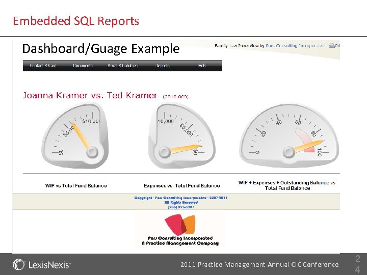 Embedded SQL Reports Dashboard/Guage Example 2011 Practice Management Annual CIC Conference 2 4 