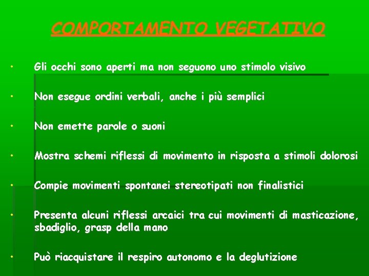 COMPORTAMENTO VEGETATIVO • Gli occhi sono aperti ma non seguono uno stimolo visivo • COMPORTAMENTO VEGETATIVO • Gli occhi sono aperti ma non seguono uno stimolo visivo •