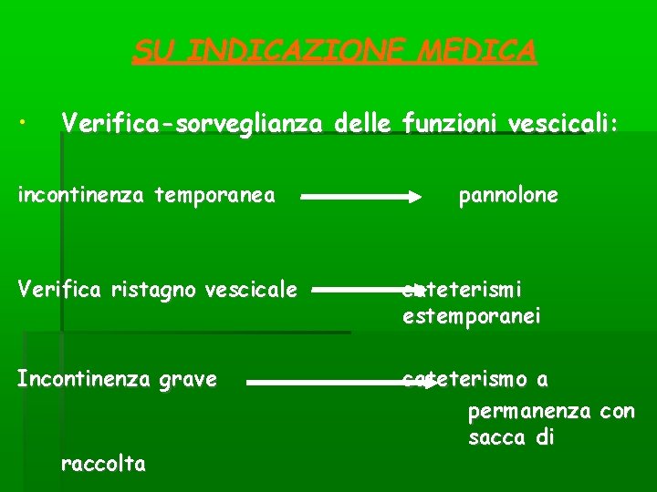 SU INDICAZIONE MEDICA • Verifica-sorveglianza delle funzioni vescicali: incontinenza temporanea pannolone Verifica ristagno vescicale SU INDICAZIONE MEDICA • Verifica-sorveglianza delle funzioni vescicali: incontinenza temporanea pannolone Verifica ristagno vescicale
