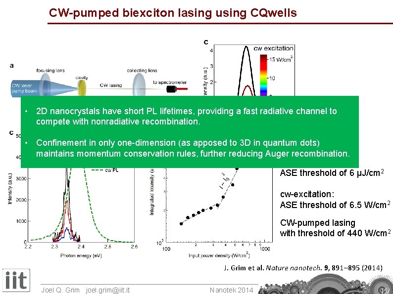 CW-pumped biexciton lasing using CQwells • 2 D nanocrystals have short PL lifetimes, providing