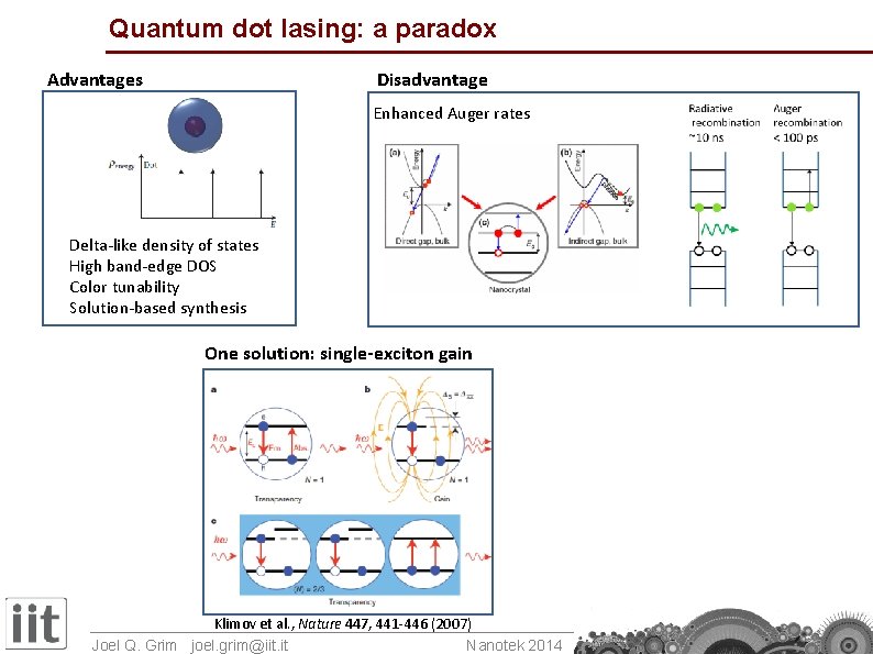 Quantum dot lasing: a paradox Disadvantage Advantages Enhanced Auger rates Delta-like density of states