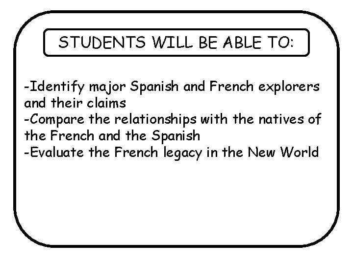 STUDENTS WILL BE ABLE TO: -Identify major Spanish and French explorers and their claims