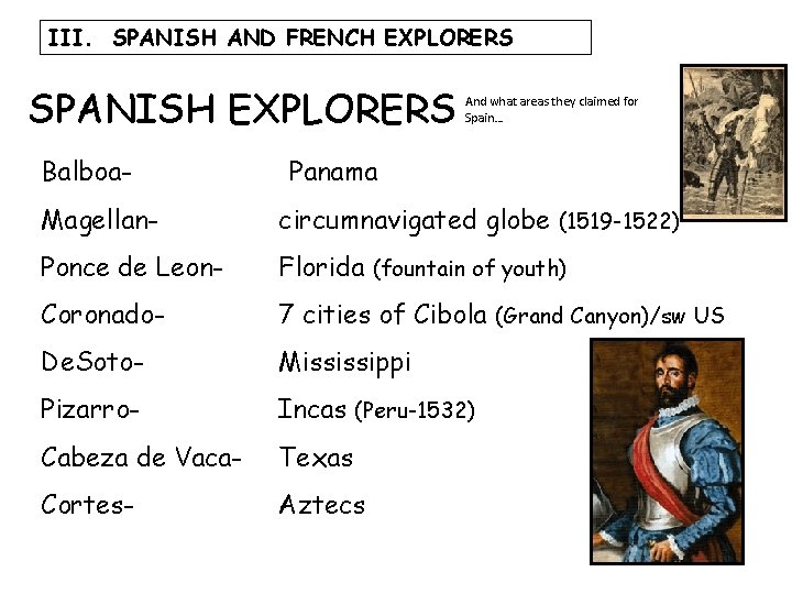 III. SPANISH AND FRENCH EXPLORERS SPANISH EXPLORERS Balboa- And what areas they claimed for