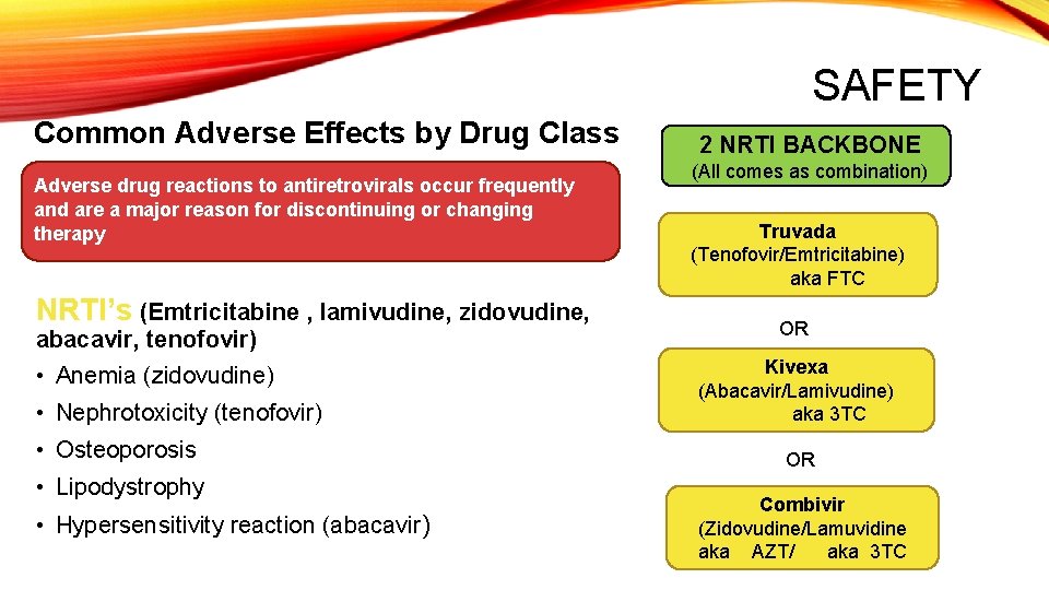 SAFETY Common Adverse Effects by Drug Class Adverse drug reactions to antiretrovirals occur frequently