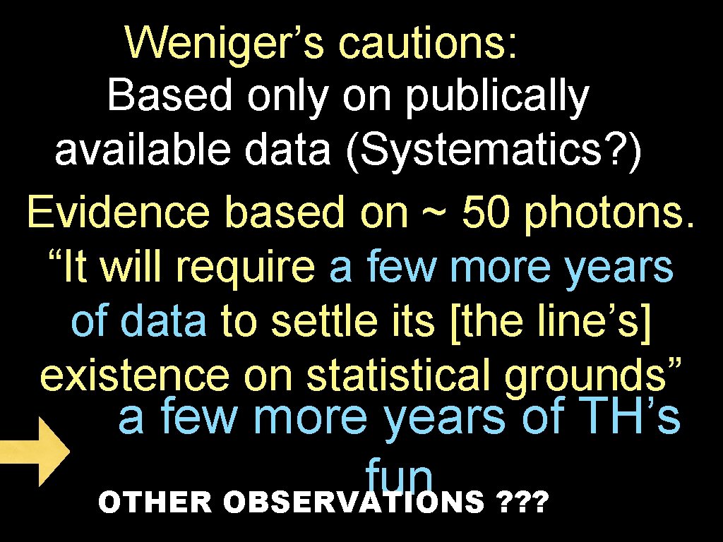 Weniger’s cautions: Based only on publically available data (Systematics? ) Evidence based on ~