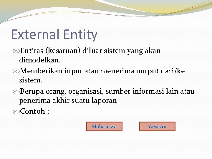 External Entity Entitas (kesatuan) diluar sistem yang akan dimodelkan. Memberikan input atau menerima output