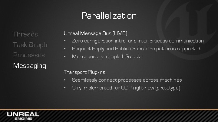 Parallelization Threads Task Graph Processes Messaging Unreal Message Bus (UMB) • Zero configuration intra-