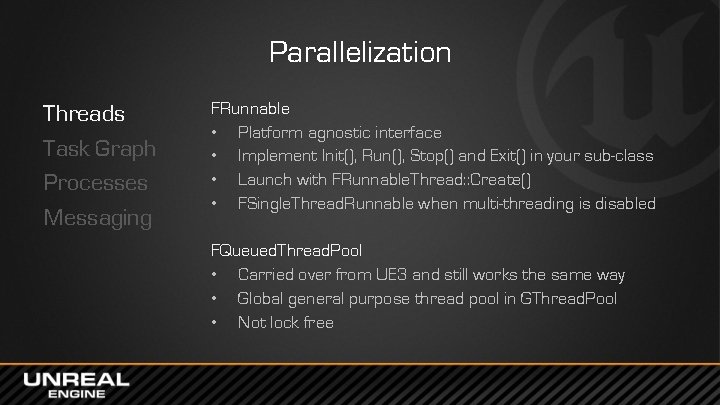 Parallelization Threads Task Graph Processes Messaging FRunnable • Platform agnostic interface • Implement Init(),