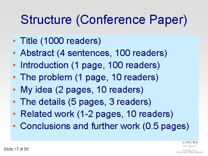 Structure (Conference Paper) • • Title (1000 readers) Abstract (4 sentences, 100 readers) Introduction