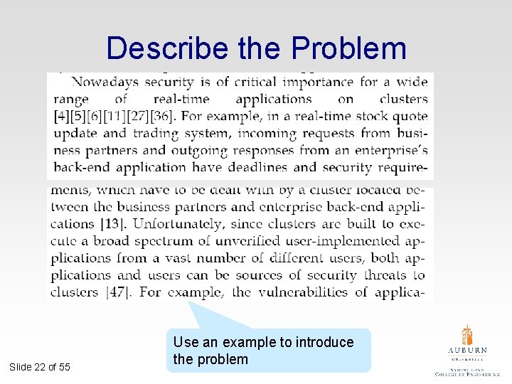 Describe the Problem Slide 22 of 55 Use an example to introduce the problem