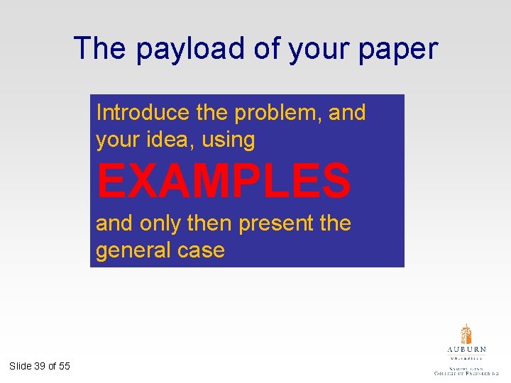 The payload of your paper Introduce the problem, and your idea, using EXAMPLES and