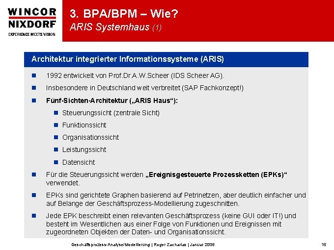 3. BPA/BPM – Wie? ARIS Systemhaus (1) Architektur integrierter Informationssysteme (ARIS) n 1992 entwickelt