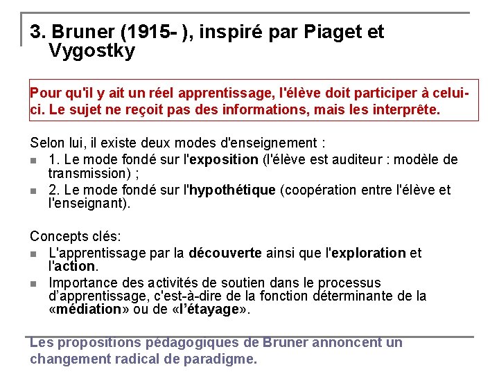 3. Bruner (1915 - ), inspiré par Piaget et Vygostky Pour qu'il y ait