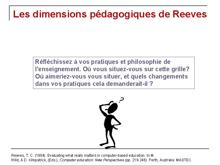 Les dimensions pédagogiques de Reeves Réfléchissez à vos pratiques et philosophie de l'enseignement. Où