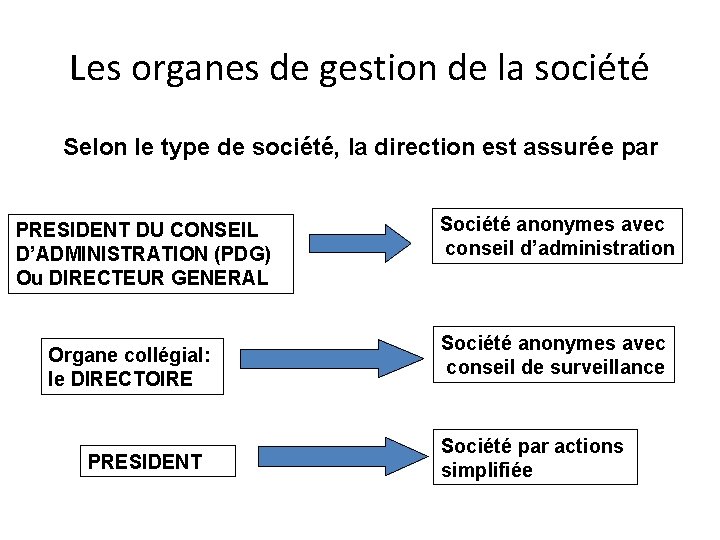 Les organes de gestion de la société Selon le type de société, la direction