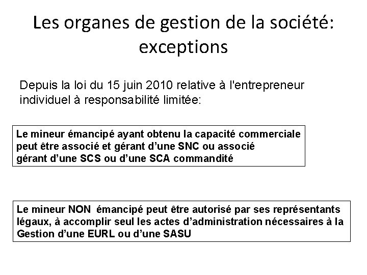 Les organes de gestion de la société: exceptions Depuis la loi du 15 juin