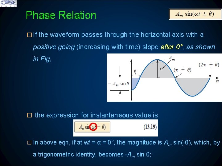 Phase Relation � If the waveform passes through the horizontal axis with a positive