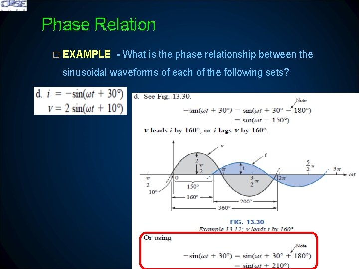 Phase Relation � EXAMPLE - What is the phase relationship between the sinusoidal waveforms Phase Relation � EXAMPLE - What is the phase relationship between the sinusoidal waveforms