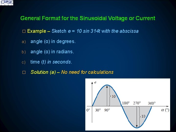 General Format for the Sinusoidal Voltage or Current � Example – Sketch e =