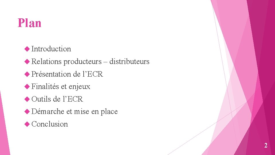 Plan Introduction Relations producteurs – distributeurs Présentation de l’ECR Finalités et enjeux Outils de