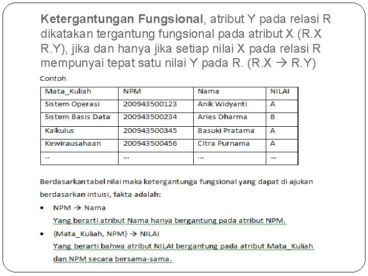 Ketergantungan Fungsional, atribut Y pada relasi R dikatakan tergantung fungsional pada atribut X (R.