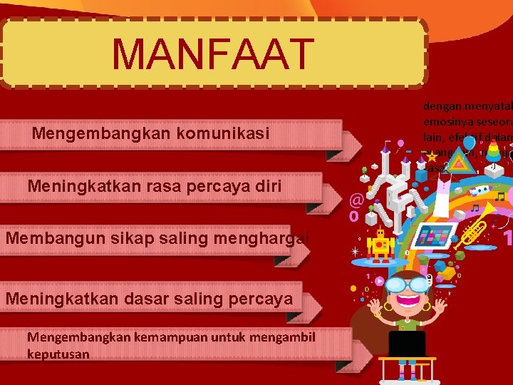 MANFAAT Mengembangkan komunikasi Meningkatkan rasa percaya diri Membangun sikap saling menghargai Meningkatkan dasar saling