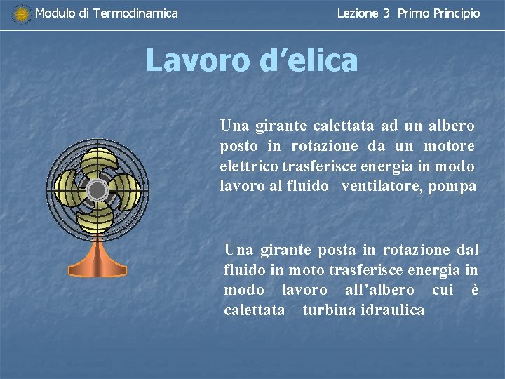 Modulo di Termodinamica Lezione 3 Primo Principio Lavoro d’elica Una girante calettata ad un