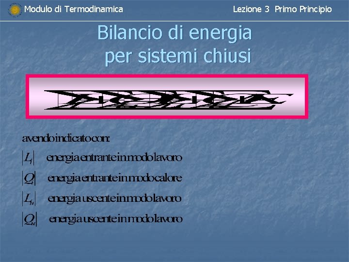 Modulo di Termodinamica Lezione 3 Primo Principio Bilancio di energia per sistemi chiusi 