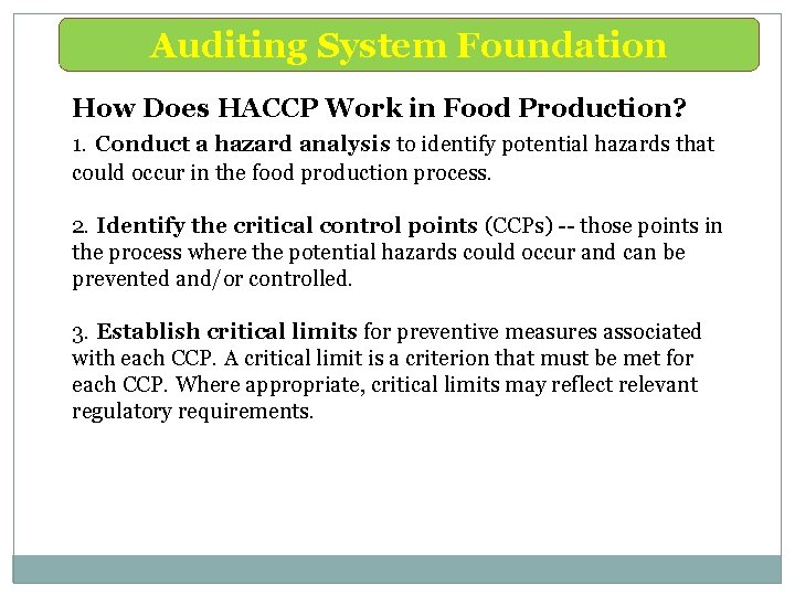Auditing System Foundation How Does HACCP Work in Food Production? 1. Conduct a hazard