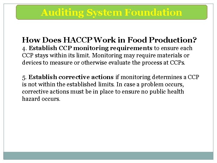Auditing System Foundation How Does HACCP Work in Food Production? 4. Establish CCP monitoring