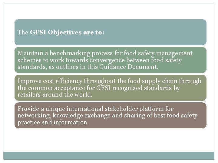 The GFSI Objectives are to: Maintain a benchmarking process for food safety management schemes