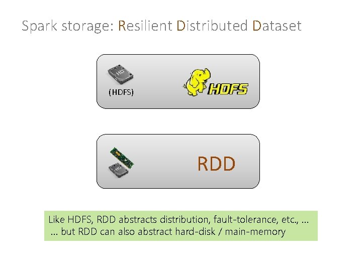 Spark storage: Resilient Distributed Dataset (HDFS) RDD Like HDFS, RDD abstracts distribution, fault-tolerance, etc.