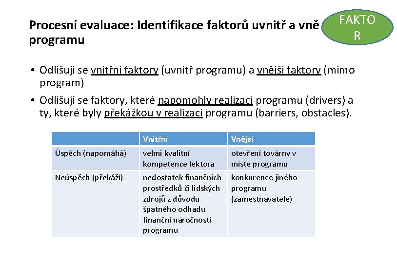 Procesní evaluace: Identifikace faktorů uvnitř a vně programu FAKTO R • Odlišují se vnitřní