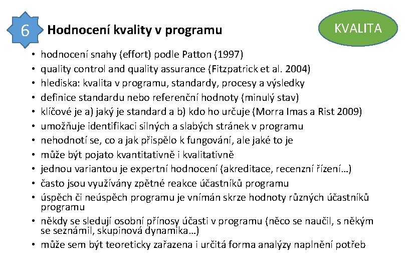 6 Hodnocení kvality v programu KVALITA hodnocení snahy (effort) podle Patton (1997) quality control