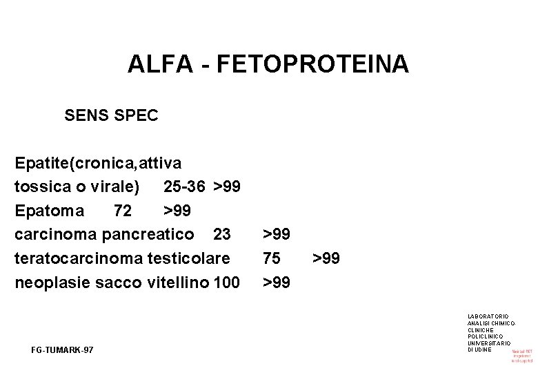 ALFA - FETOPROTEINA SENS SPEC Epatite(cronica, attiva tossica o virale) 25 -36 >99 Epatoma