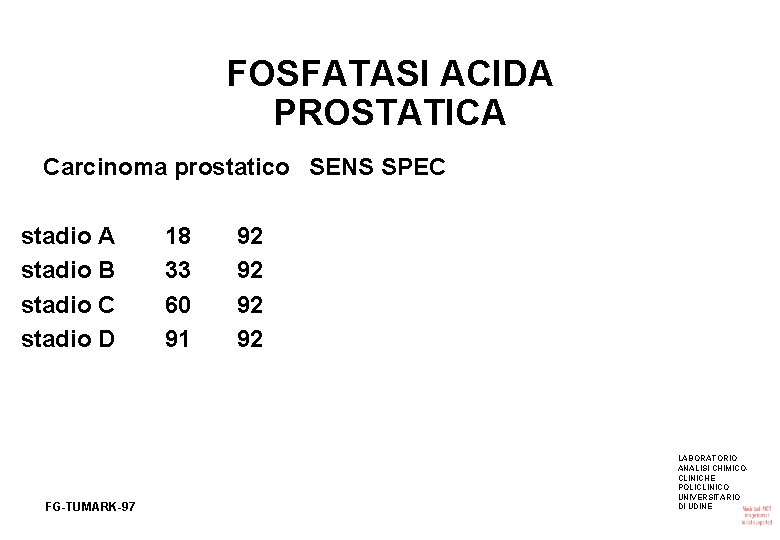 FOSFATASI ACIDA PROSTATICA Carcinoma prostatico SENS SPEC stadio A stadio B stadio C stadio