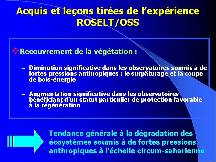 Acquis et leçons tirées de l’expérience ROSELT/OSS v. Recouvrement de la végétation : –