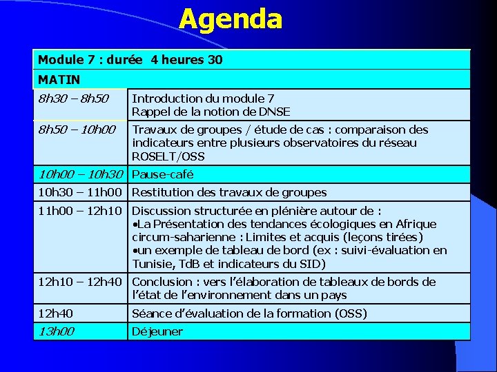 Agenda Module 7 : durée 4 heures 30 MATIN 8 h 30 – 8