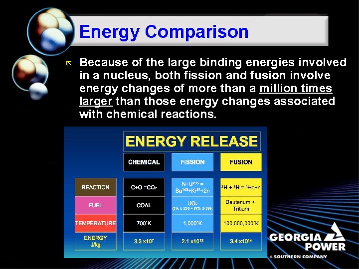 Energy Comparison ã Because of the large binding energies involved in a nucleus, both
