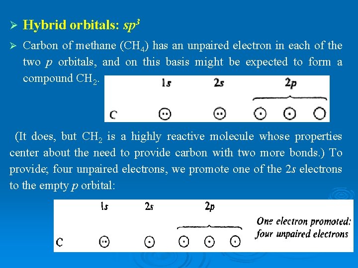 Ø Hybrid orbitals: sp 3 Ø Carbon of methane (CH 4) has an unpaired