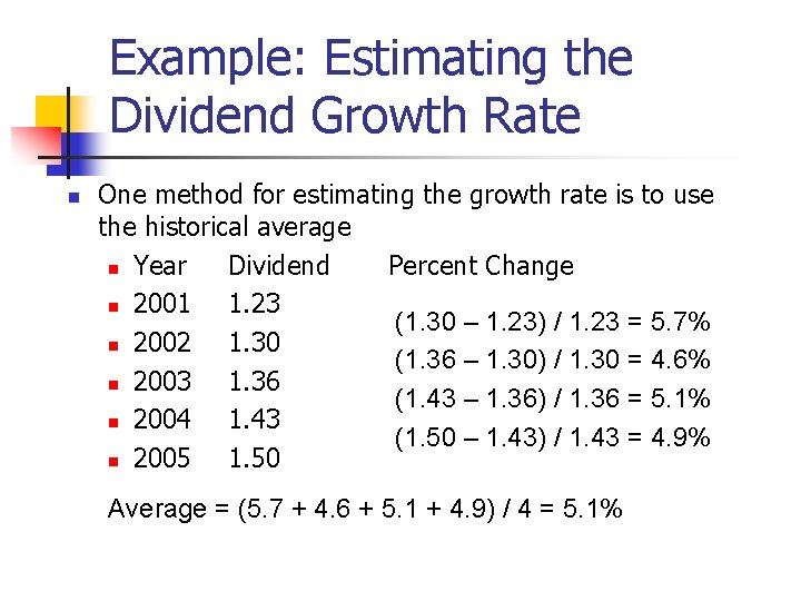 Example: Estimating the Dividend Growth Rate n One method for estimating the growth rate