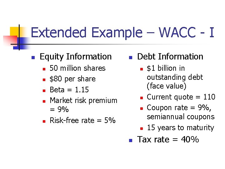 Extended Example – WACC - I n Equity Information n n n 50 million