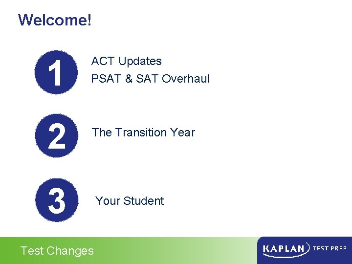 Welcome! 1 PSAT & SAT Overhaul 2 The Transition Year 3 Your Student ACT