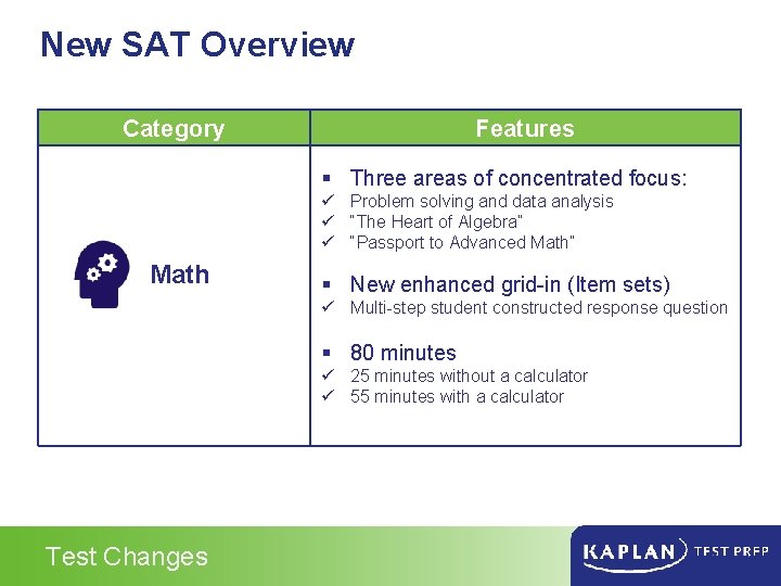 New SAT Overview Category Features § Three areas of concentrated focus: ü Problem solving