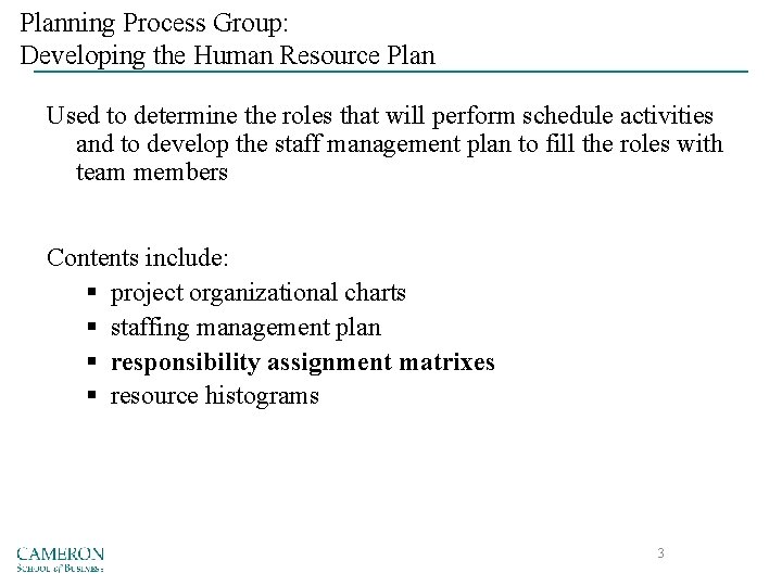 Planning Process Group: Developing the Human Resource Plan Used to determine the roles that