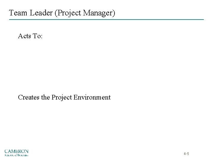 Team Leader (Project Manager) Acts To: Creates the Project Environment 4 -5 