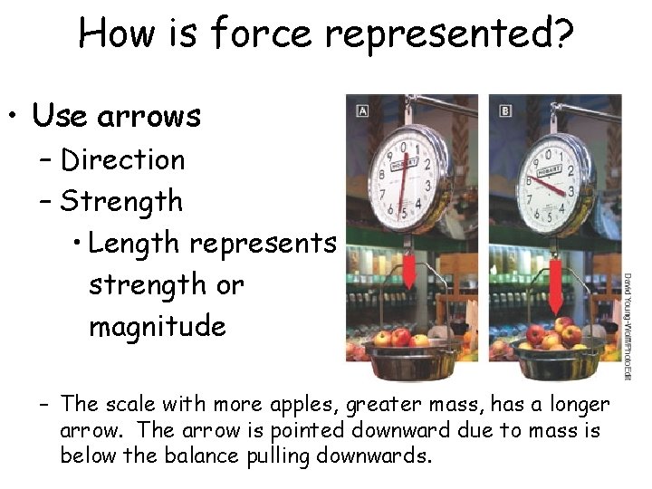 How is force represented? • Use arrows – Direction – Strength • Length represents