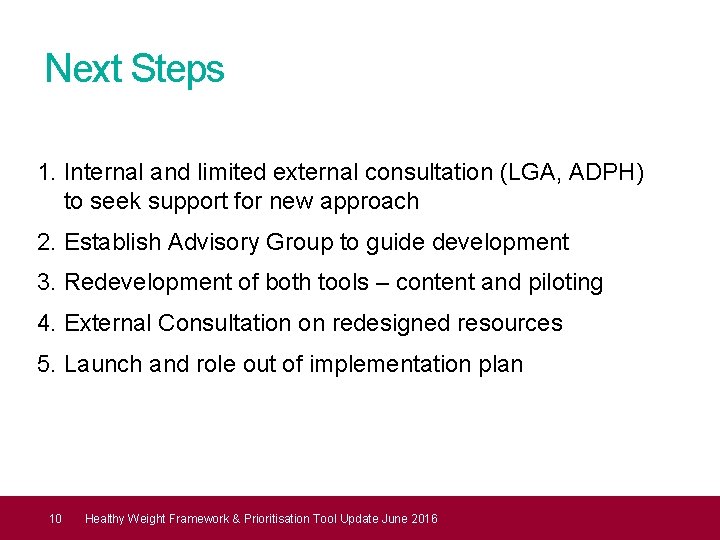 Next Steps 1. Internal and limited external consultation (LGA, ADPH) to seek support for