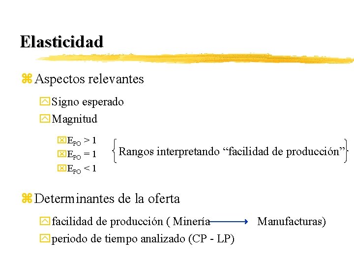 Elasticidad z Aspectos relevantes y. Signo esperado y. Magnitud x. EPO > 1 x.