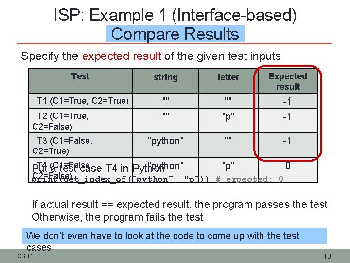 ISP: Example 1 (Interface-based) Compare Results Specify the expected result of the given test